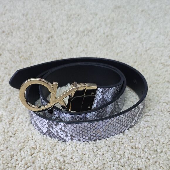 Calvin Klein Snakeskin Belt with Gold Logo Buckle Reversable To Black - Picture 1 of 3